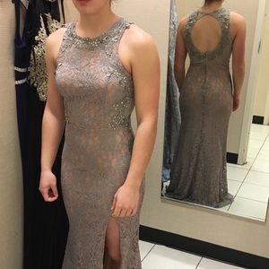 Taupe Lace Formal Bridesmaid Dress Slim Fit Sz 7